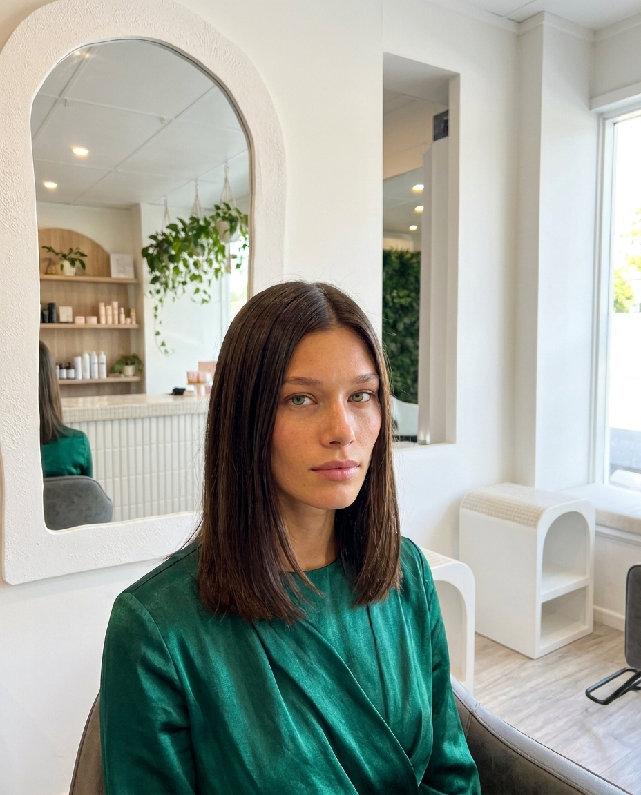Straight long dark brown hair, glossy finish
